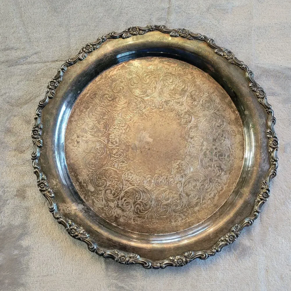 Vtg Silver Plated Serving Tray Ornate Edge Scroll Designs USA Cottagecore Patena